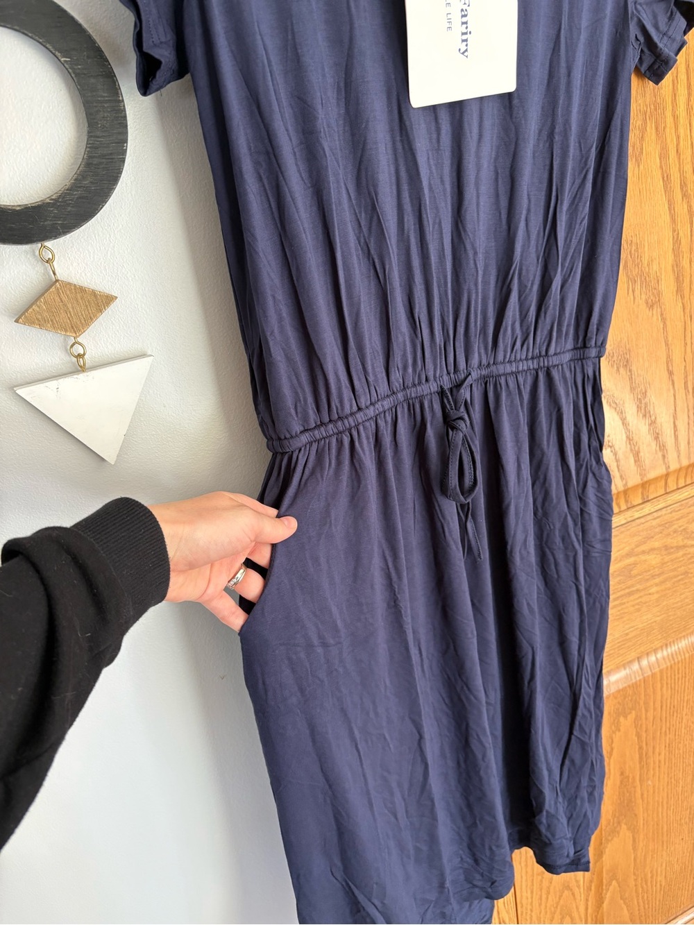 Navy Short Sleeve Drawstring Midi Dress - Picture 4 of 6